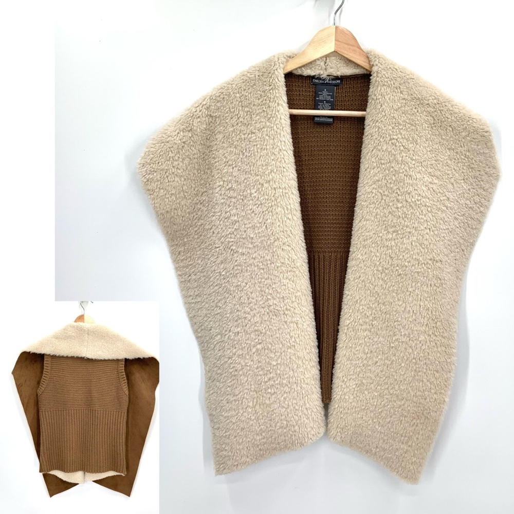 Chelsea & Theodore Faux Fur Brown Knit Open Front Sweater Vest Small Outlander